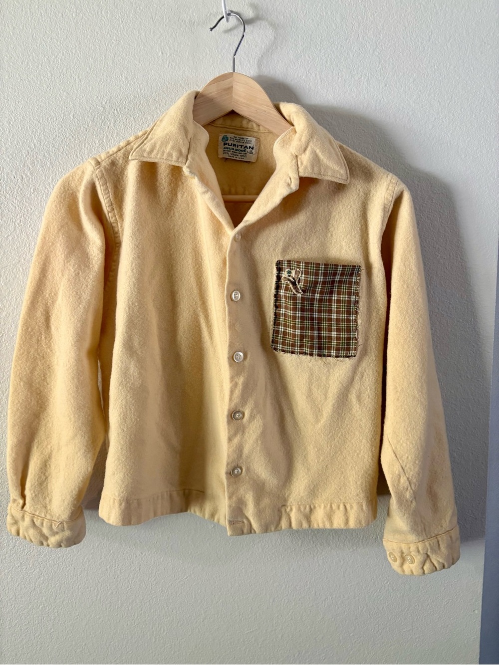 Vintage 60s Puritan Aqua wool Shirt Jacket with Plaid Pocket Butter Yellow Wool